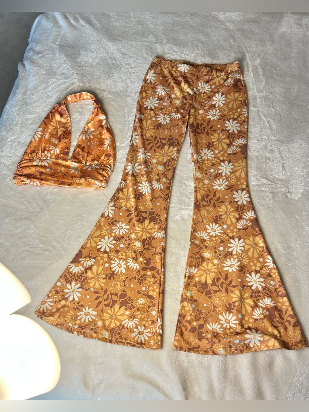 Princess Polly Orange/tan cropped Floral Halter & Bell-Bottom Set size 4